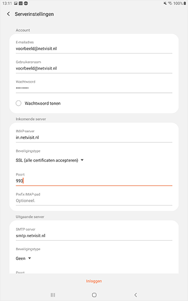 Mail instellen Android tablet skv stap 4